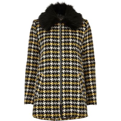 Yellow check faux fur collar swing coat